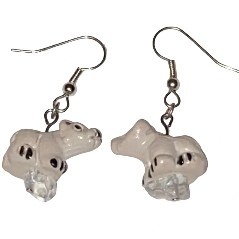 HAND CRAFTED Earrings Polar Bear Quartz Crystal Dangle Drop Long Ceramic Pierced - Picture 3 of 9